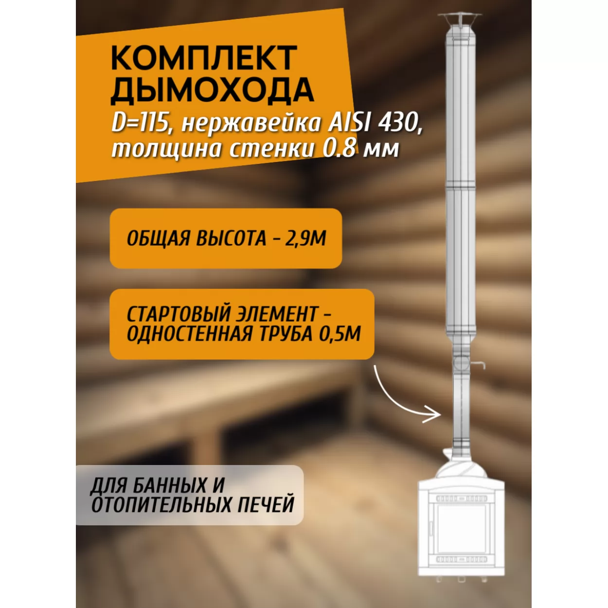комплект дымохода 115 для банной и отопительной печи, нержавейка aisi 430, 0.8 мм, 2.9 метра